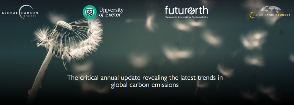 An image of a dandelion with seeds being blown away by the wind. The logos of Exeter Uni, Future Earth, the Global Carbon Budget and Global Carbon Project are at the top. At the bottom are white letters saying: the critical annual update revealing the latest trends in global carbon emisisons